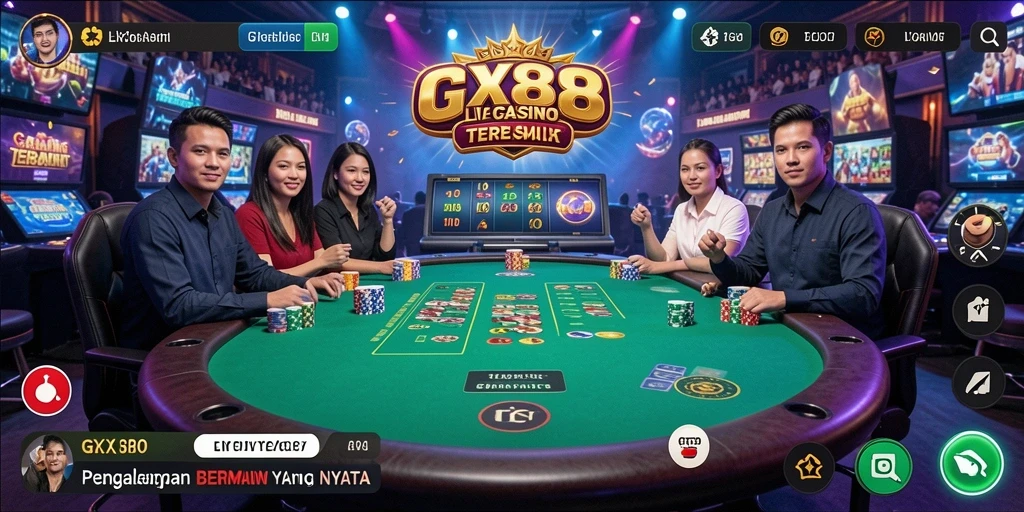 Screenshot gameplay GX88 menampilkan dealer langsung dan atmosfer kasino yang realistis.