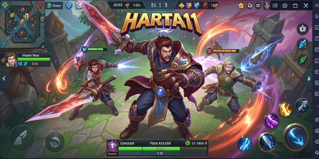 Tangkapan layar HARTA11 menunjukkan pertarungan intens dalam lingkungan MOBA yang dinamis.