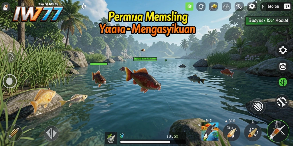 Tampilan gameplay IW777 yang seru saat memancing ikan besar.