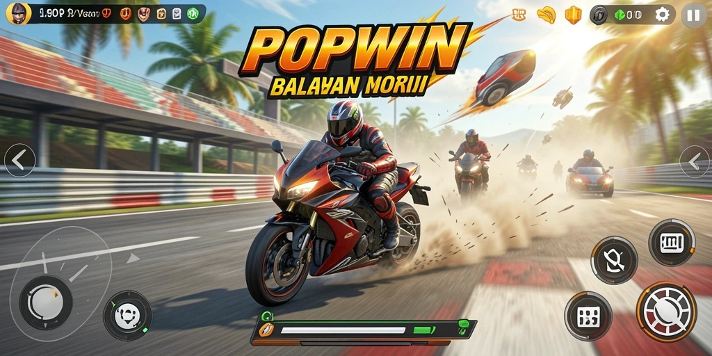 Tangkapan layar dari gameplay balapan motor yang mendebarkan di POPWIN.