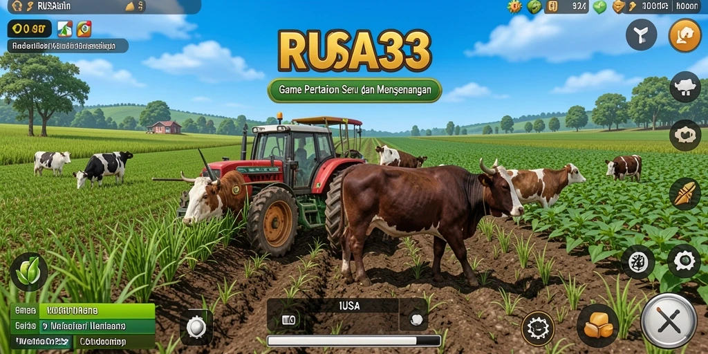 Tampilan gameplay RUSA33 dengan lahan pertanian yang hijau dan hewan ternak.